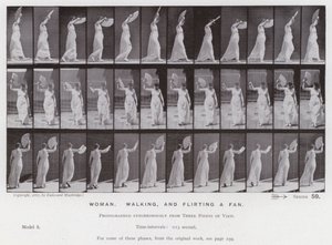 The Human Figure in Motion: Kvinna som går och flirtar ett fan (s/v-foto) av Eadweard Muybridge