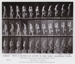 Den mänskliga figuren i rörelse: Kvinna, med en hink vatten i ena handen, uppför trappor (s/v foto) av Eadweard Muybridge