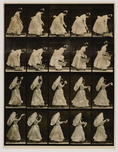 Kvinna lyfter en korg och viftar med en näsduk, från boken Animal Locomotion av Eadweard Muybridge