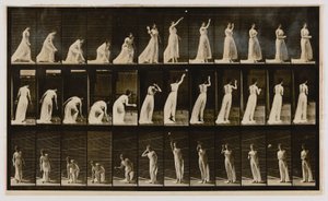 Kvinna som plockar upp en boll och kastar den, från boken Animal Locomotion av Eadweard Muybridge