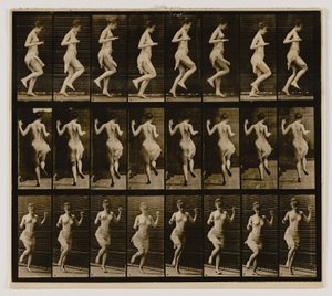 Kvinna som hoppar runt på en fot, från boken Animal Locomotion av Eadweard Muybridge