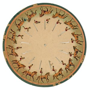 Zoopraxiscope-skiva som visar en akrobat som utför en kullerbytta med hästryggen, 1893 av Eadweard Muybridge