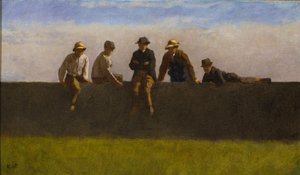 Five Boys on a Wall, ca 1875-1880 (olja på kompositionstavla) av Eastman Johnson