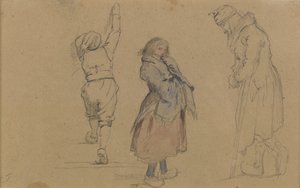 Tre holländska figurer, ca 1852 (grafit, wc och vit krita på brunt papper) av Eastman Johnson