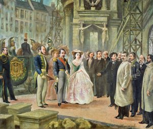 Baron Georges-Eugene Haussmann (1809-91) Napoleon III (1808-73) och kejsarinnan Eugenie (1826-1920) på besök hos arbetarna på operan av Ed. Gilis