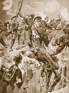 Korpral J. Davies och åtta män på väg med bajonetten en grupp tyskar som tidigare hade omringat dem (litho)