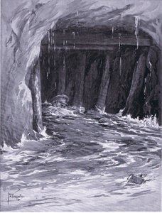 Second Corporal Collier kämpar sig ut ur ett gruvgalleri nästan fullt med vatten efter att ha avslutat sitt arbete (DCM) (litho)