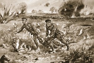 Sergeant Gannon hjälper en officer att föra in sin sårade herre under mycket hård eldgivning. av Edgar Alfred Holloway