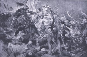 Maidens tillfångatagande före Compiegne, från Cassells History of the British People utgiven av Waverley Book Company Limited, ca 1940. av Edgar Bundy