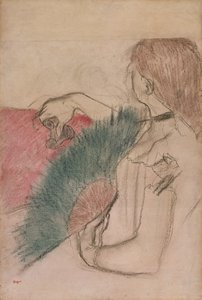 På teatern, Kvinna med en fan, 1880 av Edgar Degas