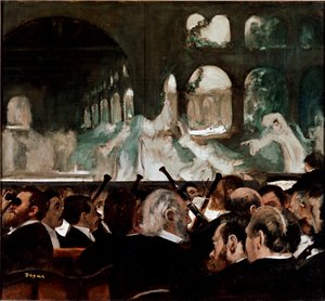 Vid baletten Robert le Diable”” de Meyerbeer”” Balett komponerad av Jakob (Giacomo) Liebmann Meyerbeer (1791-1864) och Eugene Scribe. Åskådare på första raden. Målning av Edgar Degas (1834-1917) 1876 Sön. 75x81 cm London, Victoria and Albert Museum av Edgar Degas