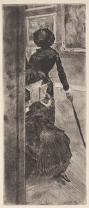 På Louvren: Målning (Mary Cassatt) (etsning och akvatint) av Edgar Degas