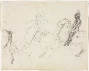 Stridsscen med pansarfigurer på hästryggen recto två sittande kvinnor ago, 1856-1860. av Edgar Degas