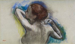Dansare justerar sin axelrem, ca 1895-1900 (kol  pastell på papper) av Edgar Degas