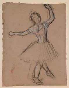 Dansare på scen och i rörelse, ca 1880-85 (vit, svart  röd fabricerad krita) av Edgar Degas