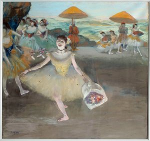 Dansare med buketthälsning på scen Målning av Edgar Degas (1834-1917). 1878. Sön 0,72x0,77 m Musee d