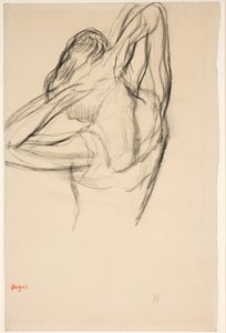 Dansare som sätter sitt hår; halvfigur i profil till vänster, hälften bakifrån av Edgar Degas