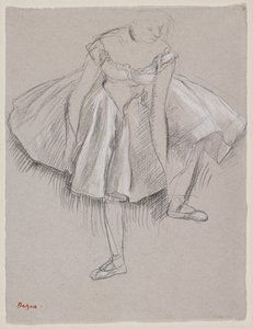 Danseuse rajustant son chausson, tidigt 1880-tal (kol och pastell på papper) av Edgar Degas