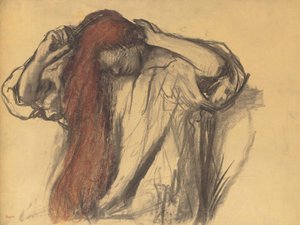 Kvinna som stylar sitt hår av Edgar Degas