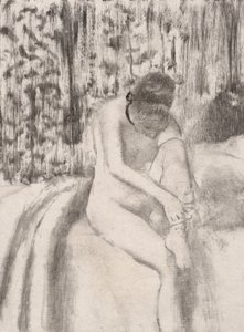 Flickan tar på sig strumpor, 1876-77. av Edgar Degas