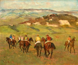 Jockeys på hästryggen före Distant Hills, 1884 av Edgar Degas