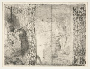 Loges d’Actrices (skådespelerskors omklädningsrum), ca 1875 (etsning och akvatint) av Edgar Degas