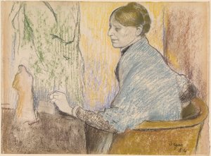 Madame Henri Rouart i en fåtölj framför ett litet bord med en Tanagra-statyett av Edgar Degas
