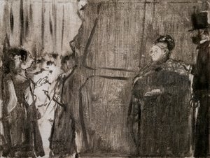 Möt Ludivic Halevy och Madame Cardinal bakom kulisserna. Omkring 1876-1877. Monotyp har svart bläck. av Edgar Degas