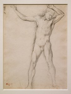 Naket ansikte, höjda armar, cirka 1859-1861. Grafit på velinpapper. av Edgar Degas