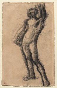 Naken man stående, med vänster hand upplyft, ca. 1900. av Edgar Degas