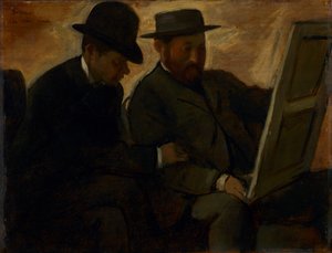 Paul Lafond och Alphonse Cherfils undersöker en målning, ca 1878-1880 av Edgar Degas