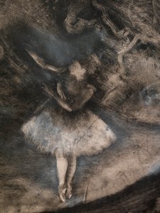 The Master of Ballet (detalj) (avrättad i samarbete med Ludovic Lepic). 1876. Monotypi i svart bläck med vita krita höjdpunkter av Edgar Degas
