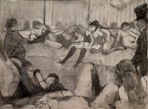 Salongen. 1879. Monotypi har svart bläck, pastellfärger. av Edgar Degas