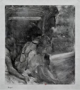 Till teatern. Omkring 1878. Monotypi har svart bläck från Kina. av Edgar Degas