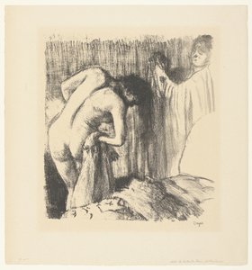 Kvinnan torkar av sig efter hennes bad och får kläder av kvinnan La Sortie du bain av Edgar Degas