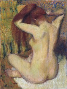 Woman Combing Her Hair, ca 1888-90 (pastell på ljusgrönt vävt papper fäst på fästet)