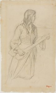 Ung kvinna spelar mandolin, studie för porträtt av Mlle Fiocre i baletten "La Source" av Edgar Degas