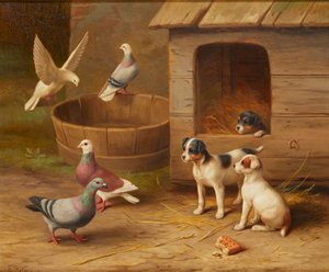 Puppies and Pigeons (olja på duk)