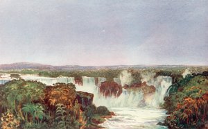 Delvis utsikt över fallen i Iguassu, korsningen av Brasilien, Paraguay och Argentina, närmade sig från norr av det brasilianska järnvägsbolagets system (färg litho)