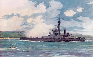 Den brasilianska Super-Dreadnought "Minas Geraes" närmar sig Rio (färg litho)