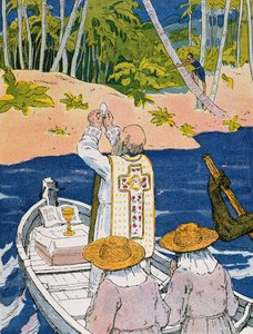 "Att ta mässan i lagunen", illustration från "A la Conquete du Monde Paien" av Georges Goyau (1869-1939) 1933 (färglitografi)