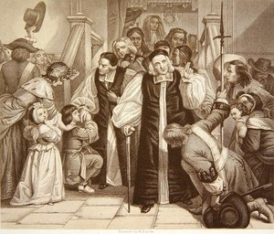 Frigivningen av sju biskopar efter deras rättegång i Westminster Hall, 29 juni 1688, graverad av H.Bourne (gravyr) av Edgar Melville (after) Ward