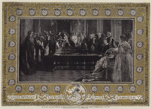 Hennes Majestät Drottningen ger kejsar Napoleon III med Strumpebandsorden vid Windsor Castle, april 1855 av Edgar Melville Ward