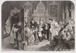 James II (1633-1701) tar emot nyheter om prinsen av Oranges landstigning, graverad av F.A. Heath av Edgar Melville Ward