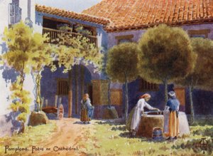 Norra Spanien: Pamplona, en uteplats nära katedralen (färg litho) av Edgar T. A. Wigram