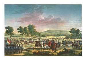 Det kejserliga gardet manövrerar i närvaro av de två kejsarna i Tilsit, 28 juni 1807, c1850
