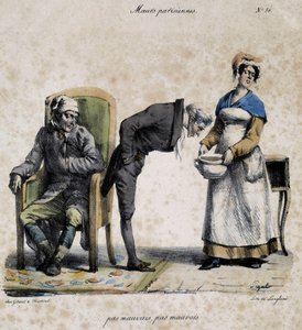 Sjuk, läkare tittar i grytan och tjänare. Tecknad serie av parisisk moral av Pigal (1800-talet), bevarad på Musee Dobree i Nantes. av Edme Jean (after) Pigal
