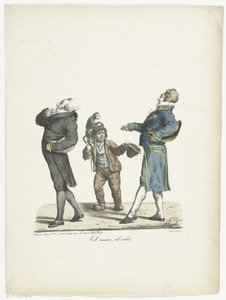 Mannen och hans tjänare går högmodigt förbi en tiggande pojke Tel maître, tel valet (titel på objekt)
