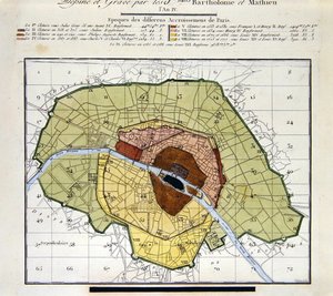 Detalj av Atlas du Plan General de la Ville de Paris, som visar de olika tilläggen till staden genom historien av Edme Verniquet