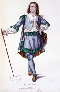 Karaktären Dorante i komedin Le Menteur - Full Theatre: (Samling av pjäser av Corneille) teckning av Geffroy, gravyr av L. Wolff - ed. Laplace, Sanchez och Co., Paris 1884